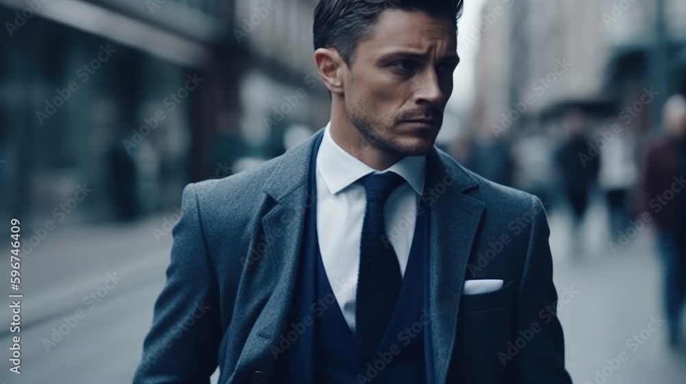 Handsome businessman walking in the street. Generative AI Handsome businessman walking in the street. Generative AI