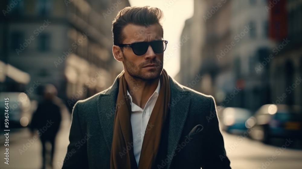 Fototapeta premium Handsome businessman walking in the street. Generative AI 