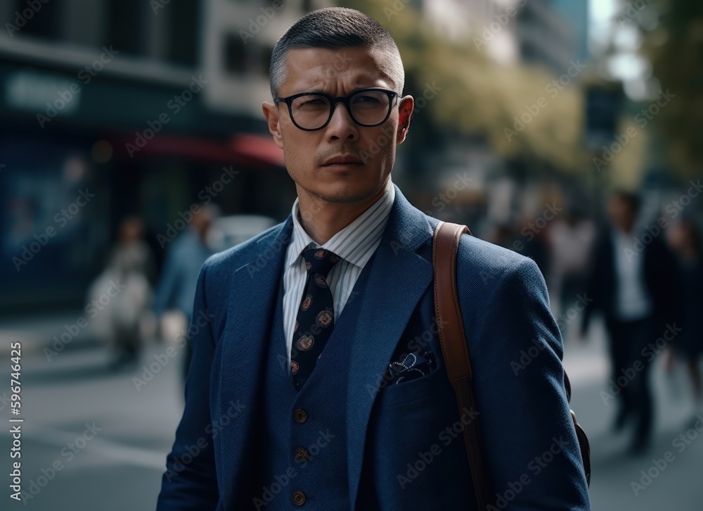 Handsome businessman walking in the street. Generative AI 