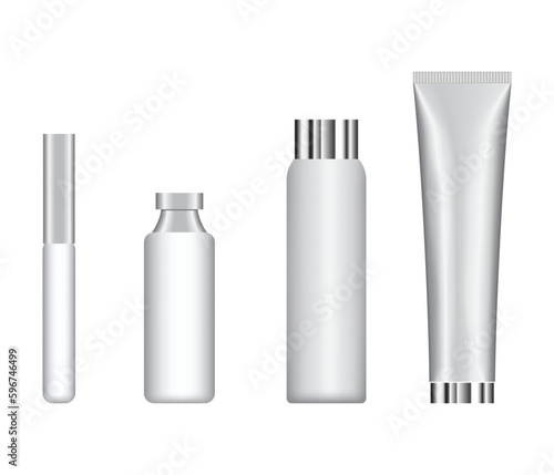 Plastic beauty containers set. Cream, lotion, spray, oil, shampoo, hand soap, gel, milk, balm, vector illustration. Mock up template packaging of cosmetic products in tubes and jars.