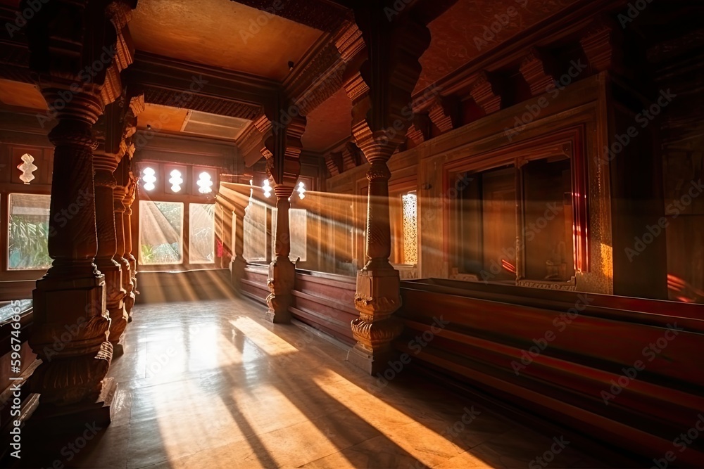 sunbeams shining through the windows of a hindu temple, casting warm light on the interior, created with generative ai