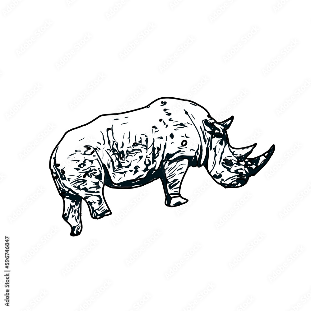 Fototapeta premium black and white sketch of a rhinoceros with transparent background