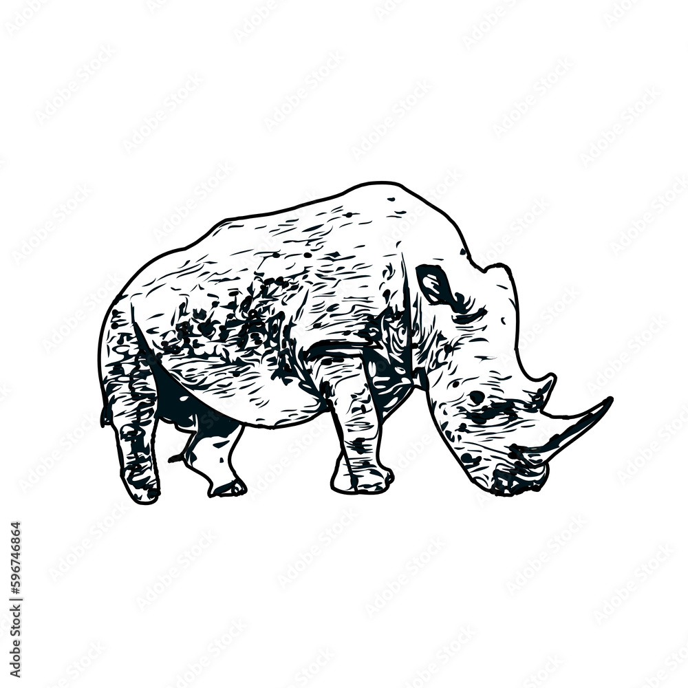 Obraz premium black and white sketch of a rhinoceros with transparent background