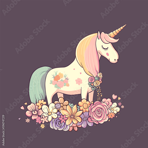 Cute artistic unicorn in flowers. Pretty cartoon character animal. Vector illustration for unicorns design, birthday card, baby shower invitation in delicate pastel colors