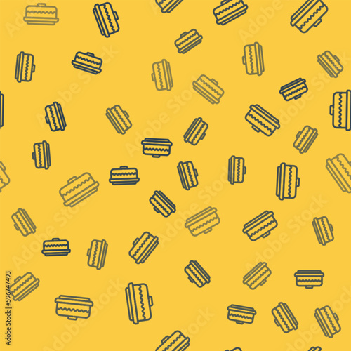 Blue line Cake icon isolated seamless pattern on yellow background. Happy Birthday. Vector