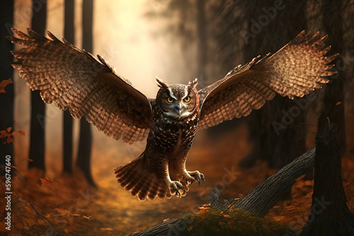 Image of an owl is flying in the forest. Wild Animals. Bird. illustration. Generative AI.