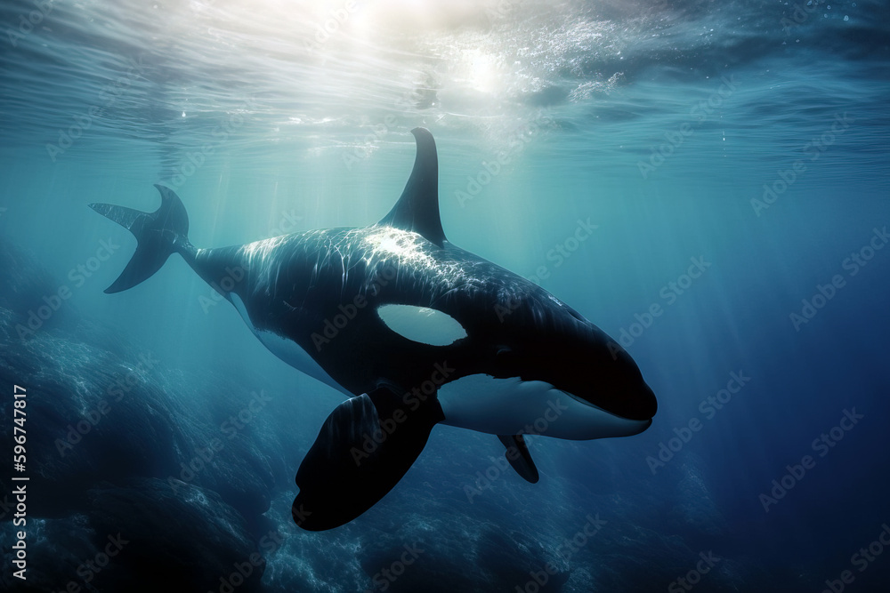 Obraz premium Image of orca or killer whale swimming under the sea. underwater animals. illustration, generative AI.