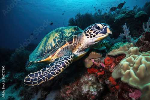 Image of hawksbill turtle swimming under the sea. underwater animals. illustration, generative AI.