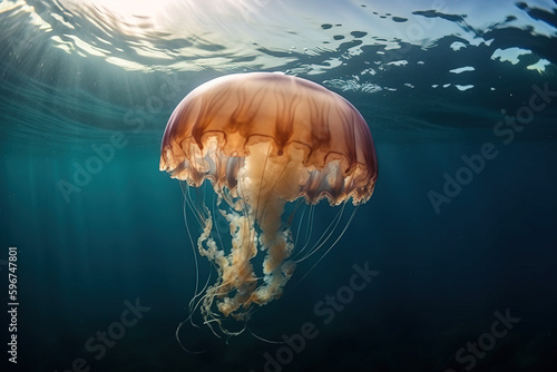 image of a jellyfish swimming under the sea. underwater animals. illustration, generative AI. © yod67