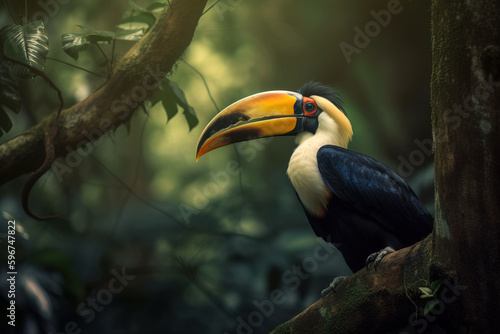 Image of hornbill standing on a branch in the forest on natural background. Wild Animals. Bird. illustration. Generative AI.