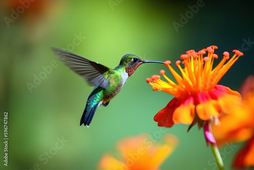 Image of hummingbird in flight feeding on flower nectar on natural background. Birds. illustration, generative AI © yod67