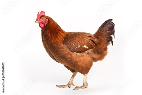 image of standing brown hen on white background. Farm Animals. illustration, generative AI.