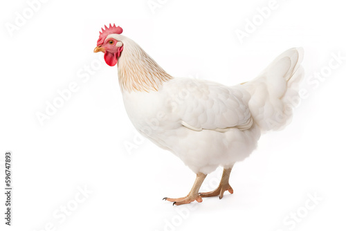 image of standing white hen on white background. Farm Animals. illustration, generative AI.