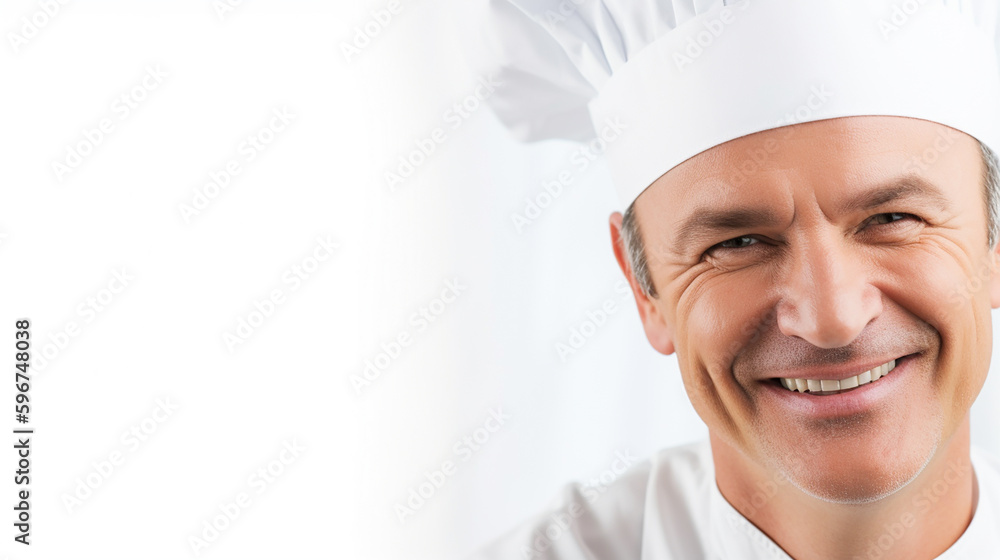 Male smiling chef on the white background, banner, copyspace. Generative AI Male smiling chef on the white background, banner, copyspace. Generative AI