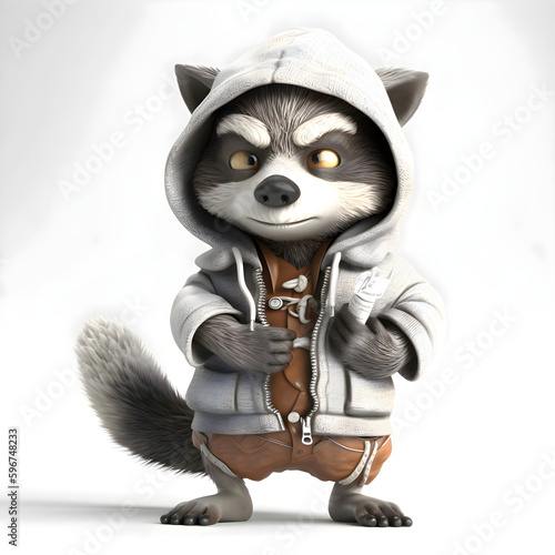raccoon in a hooded jacket with a wrench in his hands