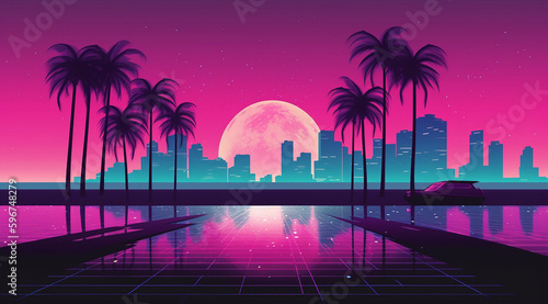 Retro vibe sunset on the vice city beach 80s style