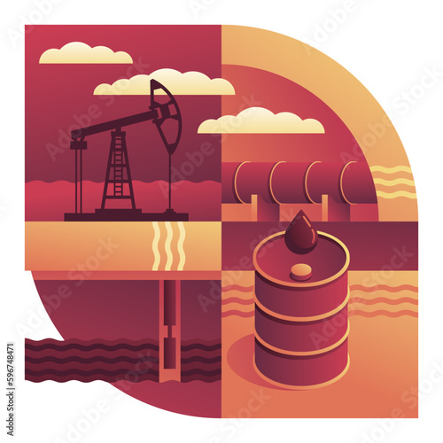 Oil Industry - rig, well, pipeline and oil barrel