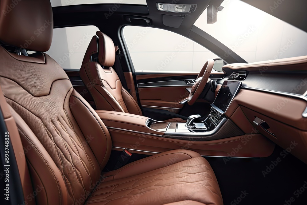 a sleek, minimalist car interior with luxurious leather seats and state-of-the-art technology, created with generative ai a sleek, minimalist car interior with luxurious leather seats and state-of-the-art technology, created with generative ai