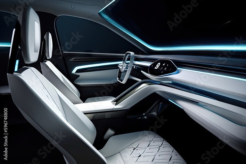 car interior with sleek surfaces, minimalist design and futuristic technology, created with generative ai © Natalia