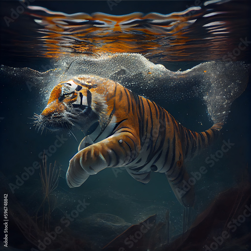 Tiger in the water. 3D illustration. Conceptual image.