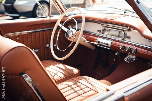close-up of vintage car interior, with classic leather seats and chrome accents, created with generative ai © Natalia