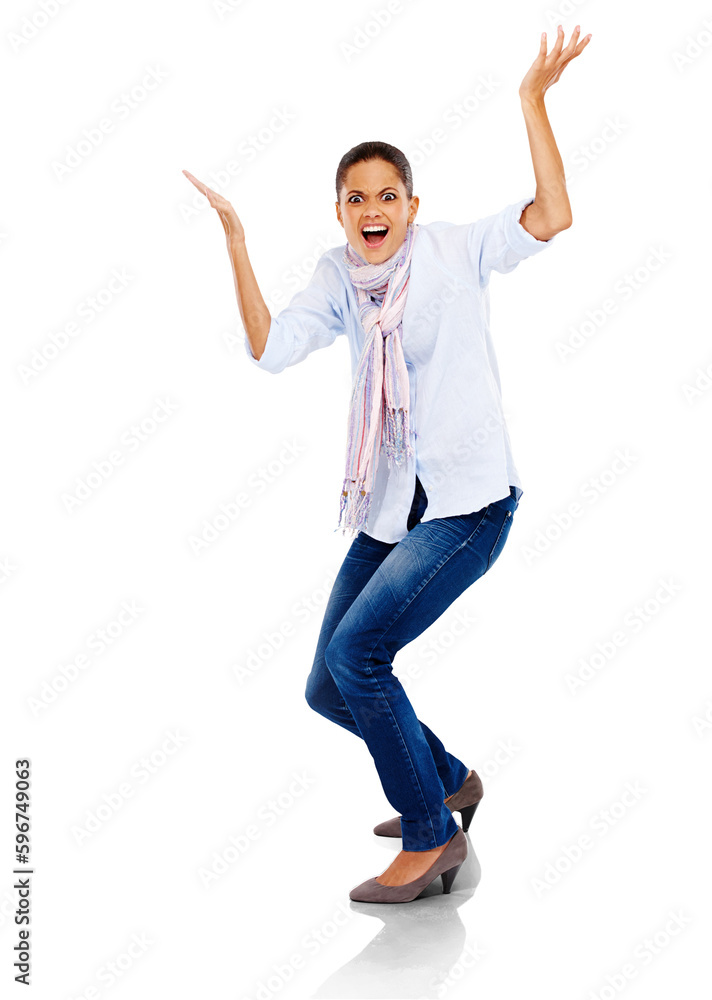 Portrait, confused and angry shock with a woman frustrated from news. Shocked, doubt and surprise with a female model with what hands reaction and anger isolated on a transparent png background Portrait, confused and angry shock with a woman frustrated from news. Shocked, doubt and surprise with a female model with what hands reaction and anger isolated on a transparent png background