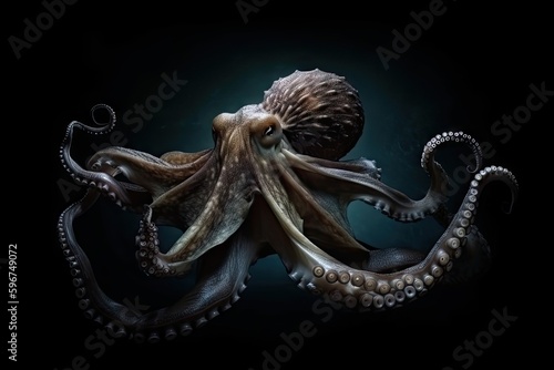 octopus kraken lurking in dark depths, ready to strike, created with generative ai