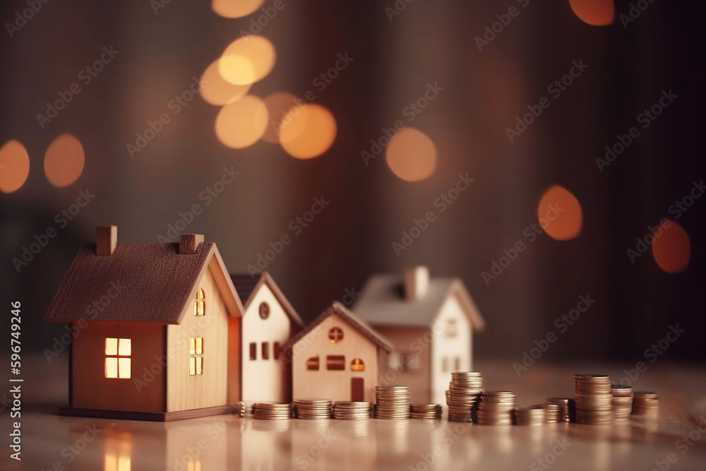 Model House and Stacked Coins on Table with Home Background for Product Display, Blurred Bokeh Interior Light Background, Ready for Investment and Business Growth Concept. Perfect for Product Montage Model House and Stacked Coins on Table with Home Background for Product Display, Blurred Bokeh Interior Light Background, Ready for Investment and Business Growth Concept. Perfect for Product Montage