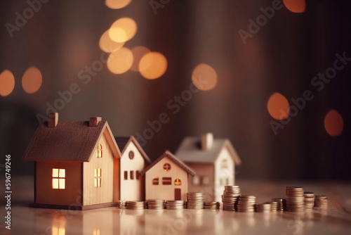 Model House and Stacked Coins on Table with Home Background for Product Display, Blurred Bokeh Interior Light Background, Ready for Investment and Business Growth Concept. Perfect for Product Montage