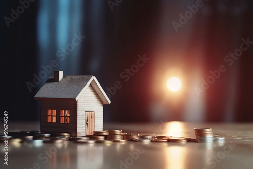 Model House and Stacked Coins on Table with Home Background for Product Display, Blurred Bokeh Interior Light Background, Ready for Investment and Business Growth Concept. Perfect for Product Montage