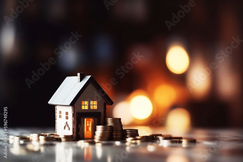 Model House and Stacked Coins on Table with Home Background for Product Display, Blurred Bokeh Interior Light Background, Ready for Investment and Business Growth Concept. Perfect for Product Montage