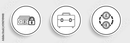 Set line Money exchange, with lock and Briefcase icon. Vector