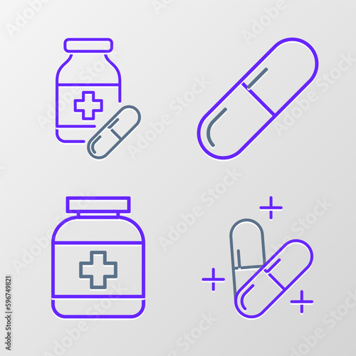 Set line Medicine pill or tablet, bottle, and and pills icon. Vector