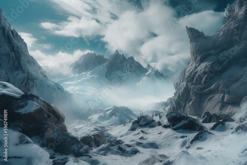 Winter landscape with snow, clouds, and frozen glacier in epic mountain scenery. Generative AI