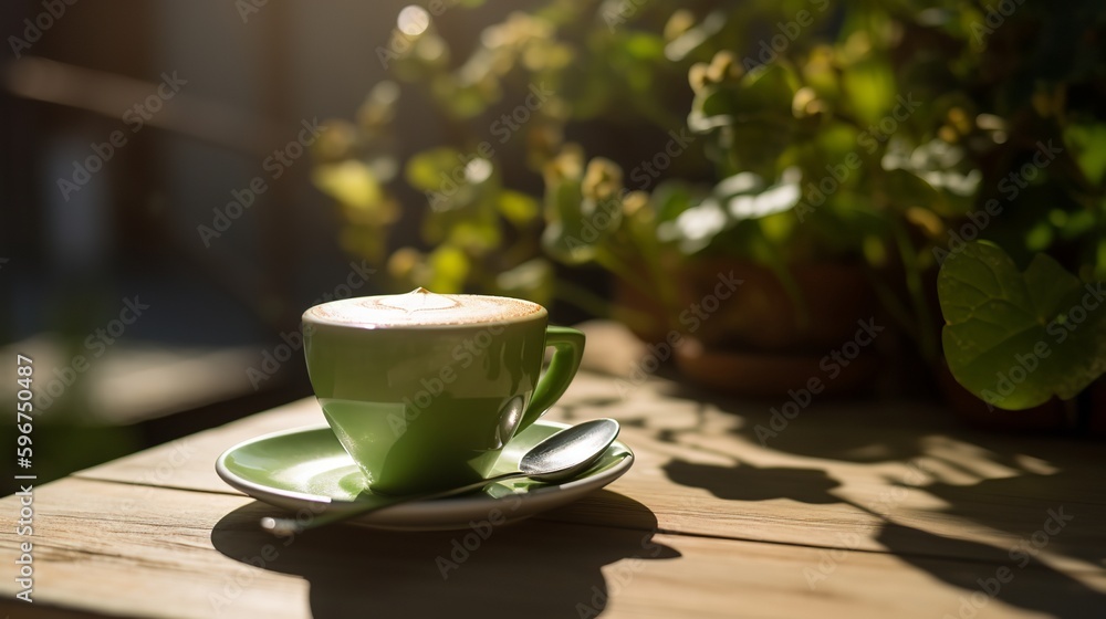 A cup of frothy matcha latte sits on a table outside on a sunny day A cup of frothy matcha latte sits on a table outside on a sunny day