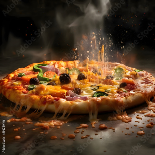 Pizza with salami and mushrooms on a wooden table. Dark background.