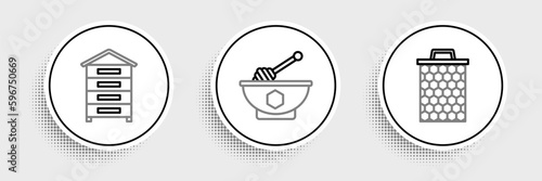 Set line Honeycomb, Hive for bees and dipper stick and bowl icon. Vector