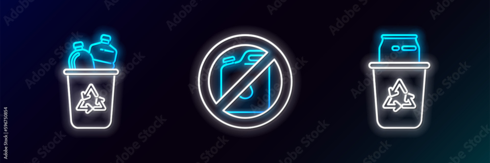 Set line Recycle bin with recycle symbol and can, and No canister for gasoline icon. Glowing neon. Vector Set line Recycle bin with recycle symbol and can, and No canister for gasoline icon. Glowing neon. Vector