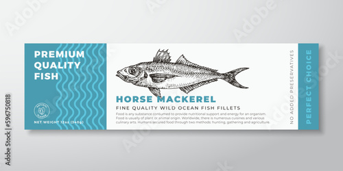 Premium Quality Horse Mackerel Vector Packaging Label Design Modern Typography and Hand Drawn Mullet Fish Silhouette Seafood Product Background Layout