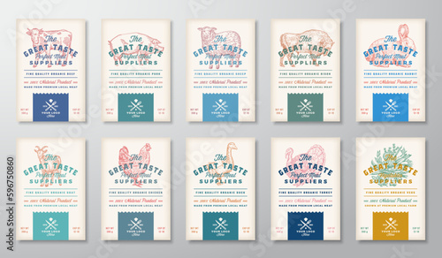 Risograph Effect Meat Poultry and Vegetables. Vintage Vector Food Packaging Design Labels Templates Collection Retro Typography Banners with Hand Drawn Domestic Animals Birds and Vegs Silhouettes Set