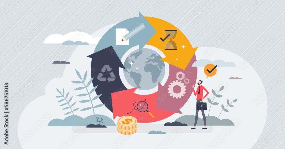 Circular economy system with resources saving strategy tiny person concept. Save materials and reduce waste with recycling management vector illustration. Sustainable and continuous manufacturing. - obrazy, fototapety, plakaty 
