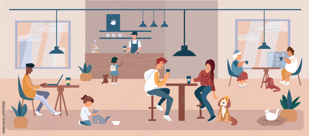 There are a lot of people, dogs and cats in the friendly pet cafe. Flat vector cartoon illustration. There are a lot of people, dogs and cats in the friendly pet cafe. Flat vector cartoon illustration.