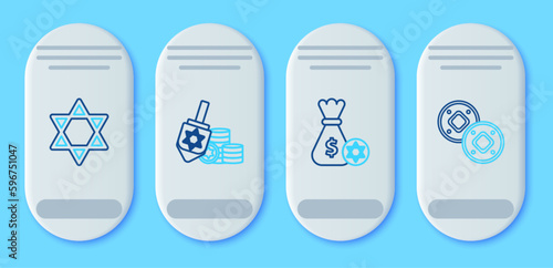 Set line Hanukkah dreidel and coin, Jewish money bag with star of david, Star David and icon. Vector