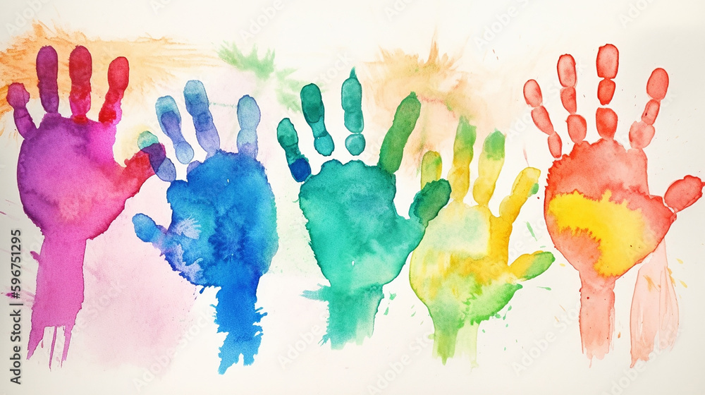 Kids hands colorful imprints on white background, watercolor effect. Generative AI