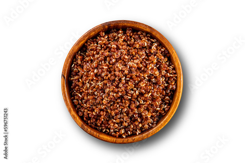 Cooked red quinoa bowl. Up view studio shoot isolated on white background.