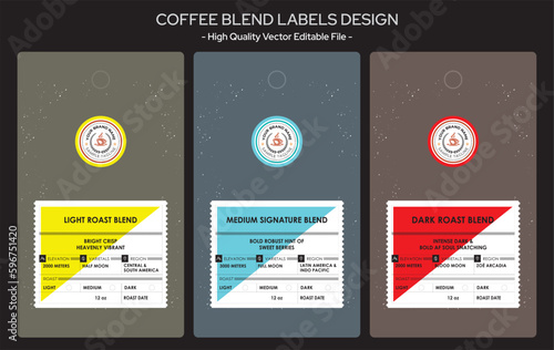 Coffee label design collection, coffee blend labels editable file, Packaging design for the coffee pouch. Retro vintage coffee label set. Modern graphic label for coffee and Coffee logo design.