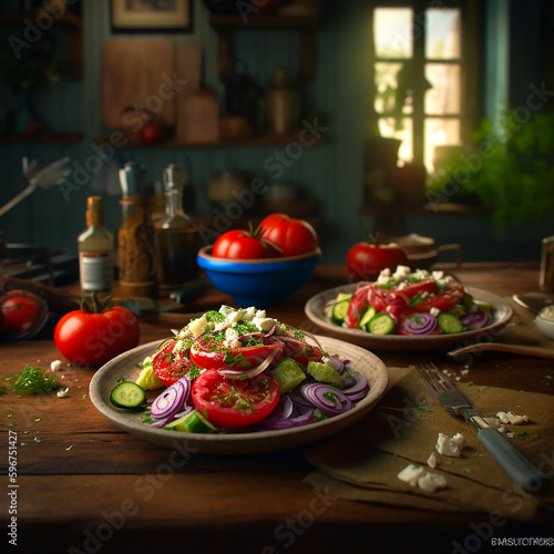 Greek salads with tomato and feta cheese. AI generativ.