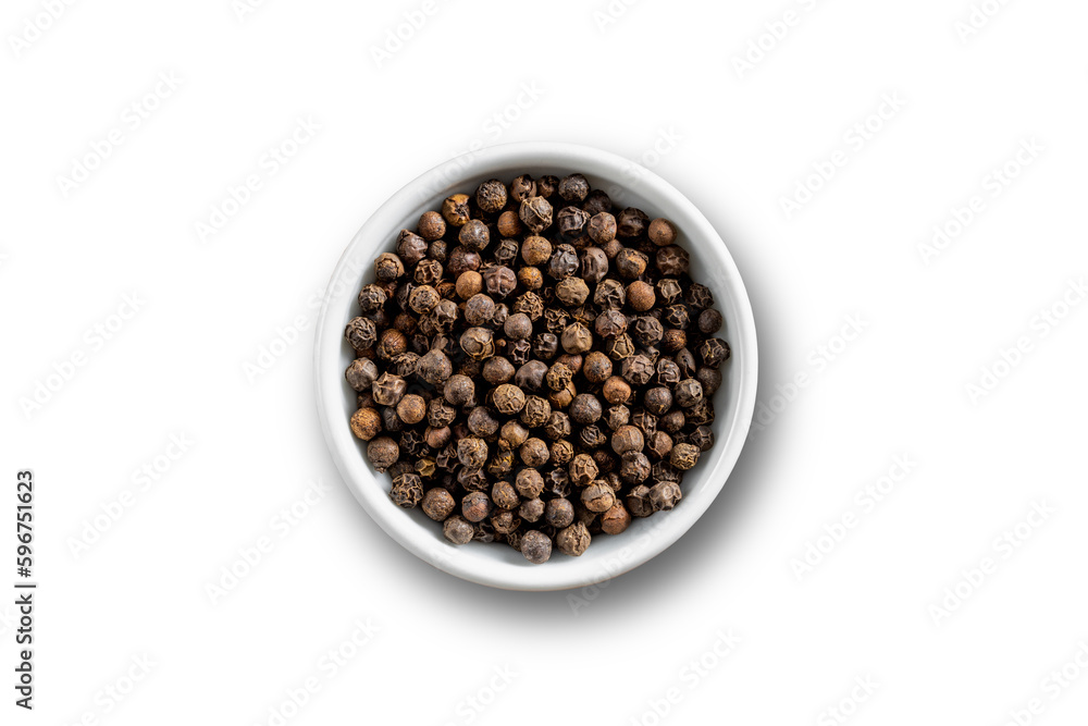 Black pepper seeds bowl. Up view studio shoot on white background. Black pepper seeds bowl. Up view studio shoot on white background.