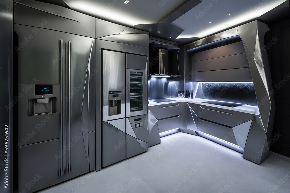 futuristic kitchen with sleek metallic finishes, state-of-the-art appliances, and futuristic lighting, created with generative ai futuristic kitchen with sleek metallic finishes, state-of-the-art appliances, and futuristic lighting, created with generative ai