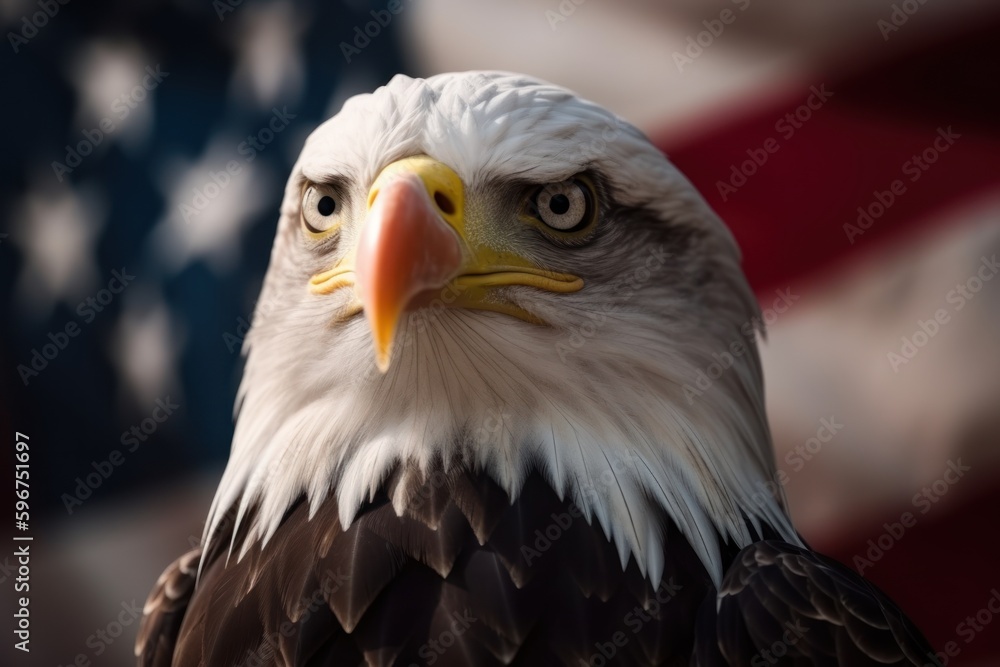 Obraz premium Illustration of an American bald eagle in front of USA's flag. The bald eagle is the emblem of the nation with its' fierce beauty and proud independence symbolizes the strength and freedom of America
